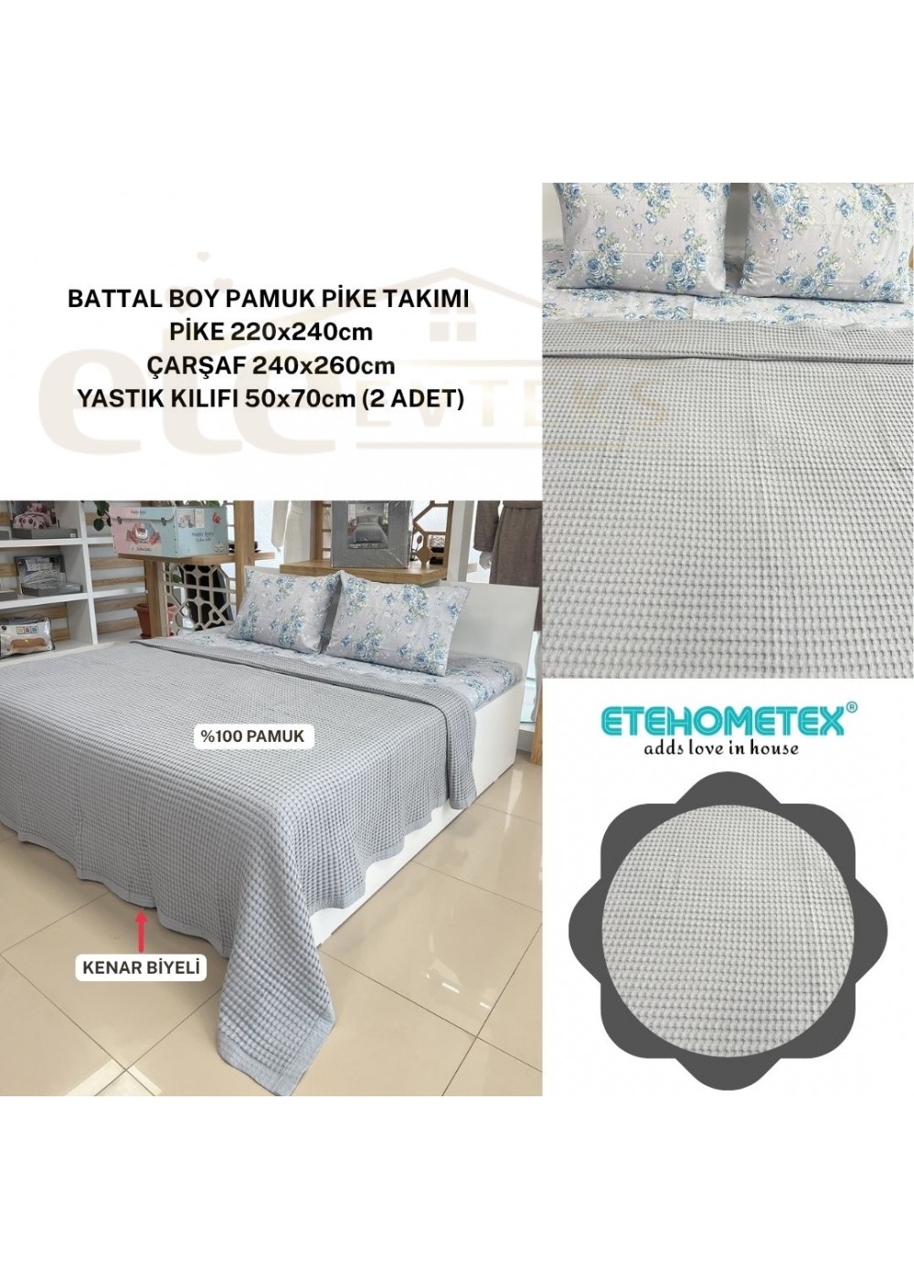 ETEHOMETEX ÇİFT KİŞİLİK HAVUZLU PİKE TAKIMI GRİ 8696474231883 ETEHOMETEX ÇİFT KİŞİLİK HAVUZLU PİKE TAKIMI GRİ 8696474231883